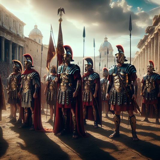 Roman legion soldiers in full armor holding legionary standards and wearing laurel wreaths, standing before a majestic ancient Roman city with temples and arches, painted in a classic historical style.