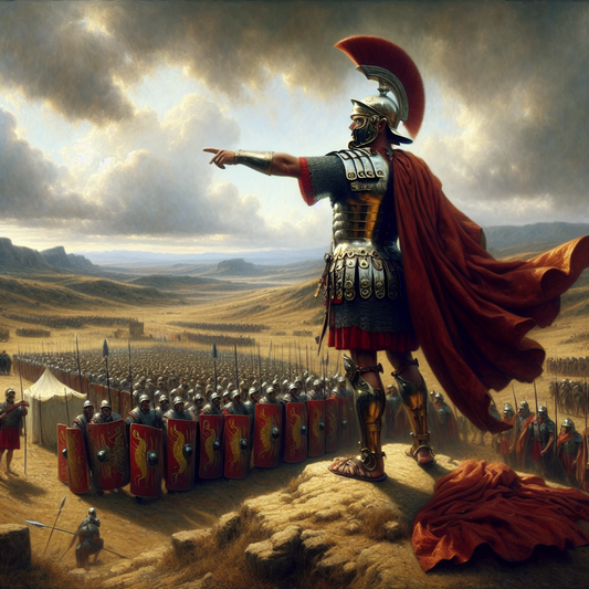 Ancient Roman legionaries in full lorica segmentata armor forming the testudo shield formation, standing on a battlefield under a dramatic cloudy sky, inspired by 1960s historical epics.