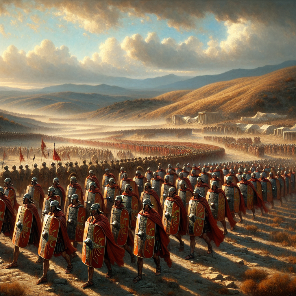 Roman legion marching in perfect testudo formation across rolling terrain under a dramatic sky, soldiers in segmented armor and red cloaks with overlapping shields symbolizing strength and strategy, inspired by 1960s Roman epic films.