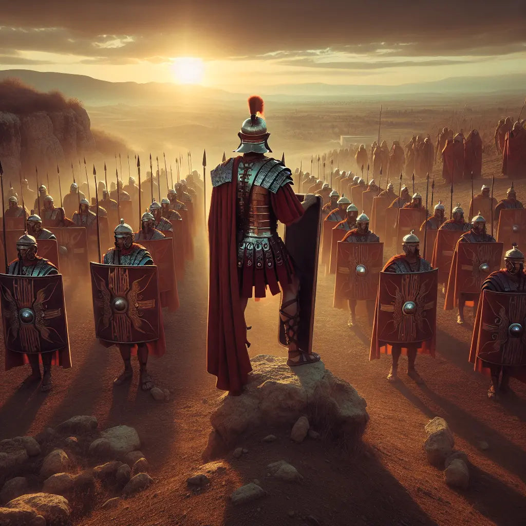 Roman legionaries in Testudo and Triplex Acies battle formations at dawn, clad in segmented armor and red cloaks under a dramatic sky, depicting discipline and unity in Roman military strategy.