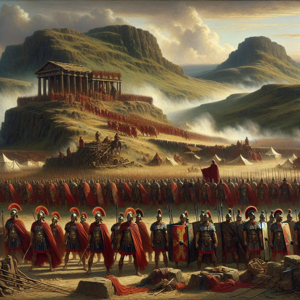 Roman legionaries in red cloaks and segmented armor on a frontier in ancient Britannia, led by an officer on a stone outcrop with rolling hills and fortifications in the background, painted in a cinematic 1960s historical epic style.