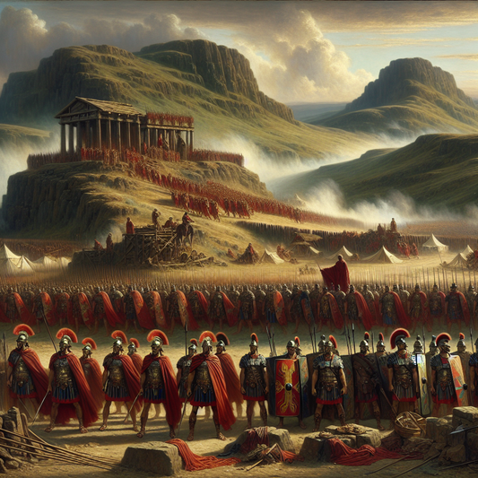 Roman legionaries in red cloaks and segmented armor on a frontier in ancient Britannia, led by an officer on a stone outcrop with rolling hills and fortifications in the background, painted in a cinematic 1960s historical epic style.