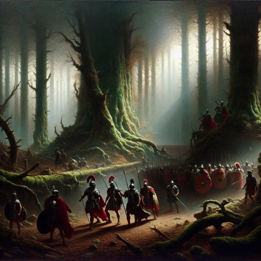 Roman legionaries cautiously marching through a dense, misty ancient forest in Germanic lands, evoking tension and impending ambush in a cinematic historical epic style.