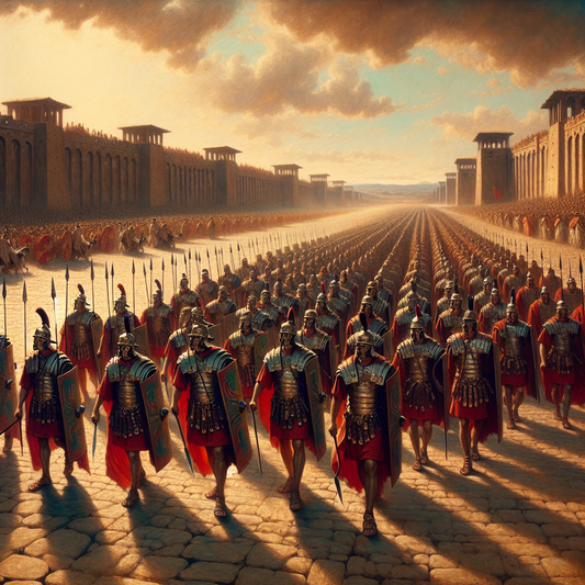 Roman legionaries in segmented armor march on a stone-paved ancient Roman road toward fortified camps under a bright sky, evoking 1960s historical epic film style.