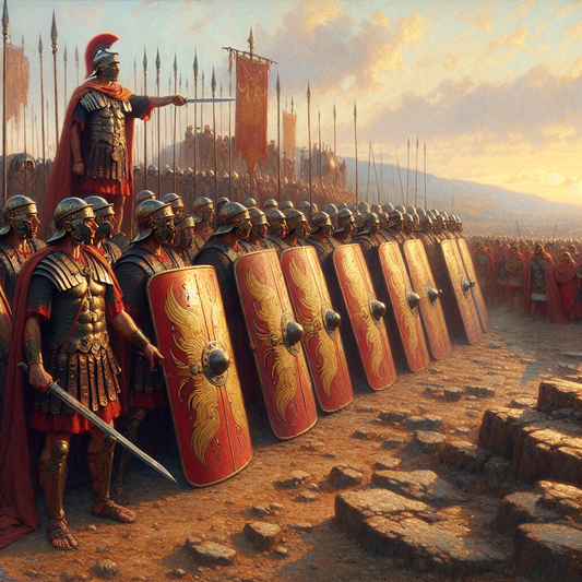Roman legionaries in full armor forming a solid shield wall on an ancient battlefield at dawn, banners flying under a dramatic sky, inspired by 1960s historical epic films.