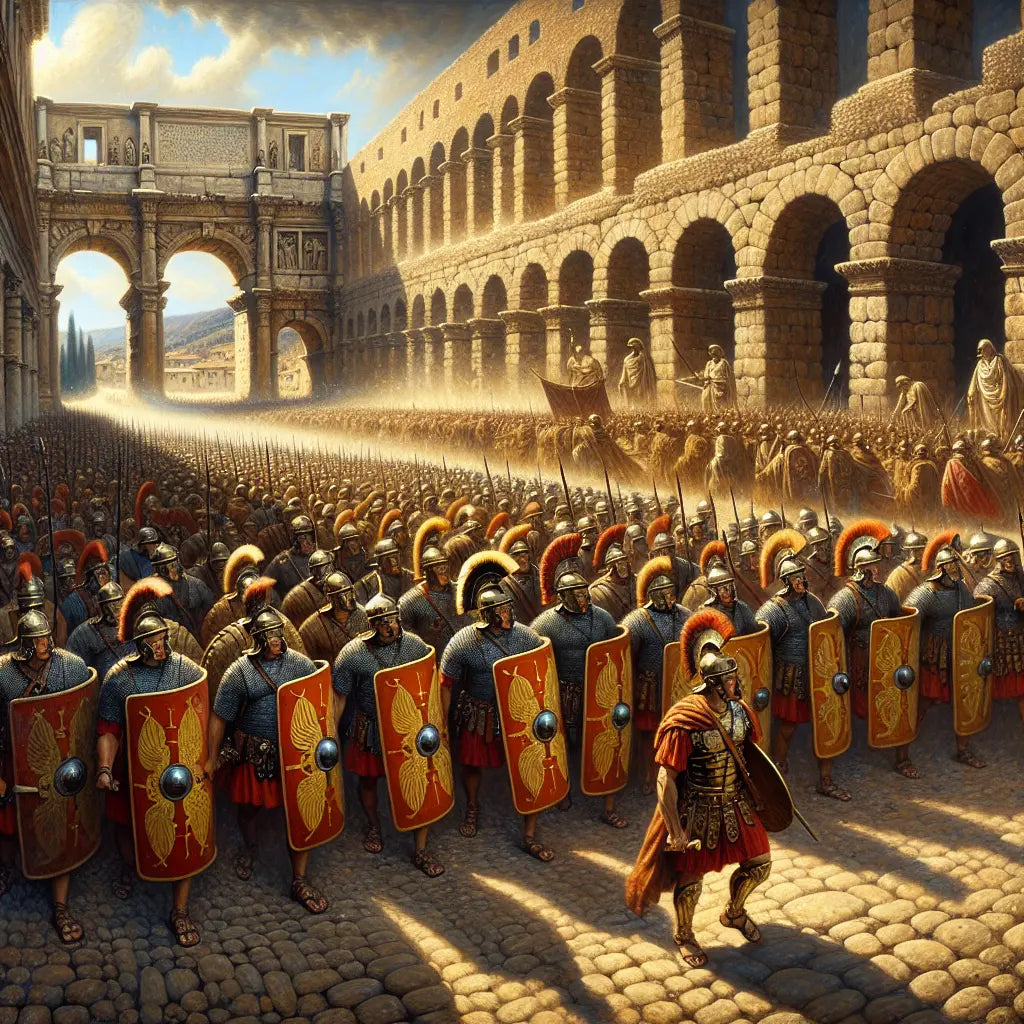 Roman legionaries in testudo formation march through ancient city streets with aqueducts and forts in the background, depicted in the style of classic 1960s Roman historical epics.