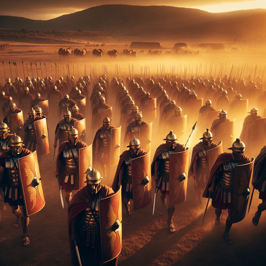 Roman legionaries tightly packed in a testudo shield formation on a battlefield at sunset, showcasing disciplined ranks and ancient military strategy in the style of classic 1960s historical epics.