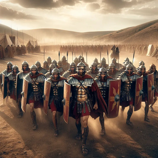 Roman legionaries advancing in Testudo formation with overlapping shields on an ancient battlefield, illuminated by warm sunlight and atmospheric dust, styled like a 1960s historical epic film painting.