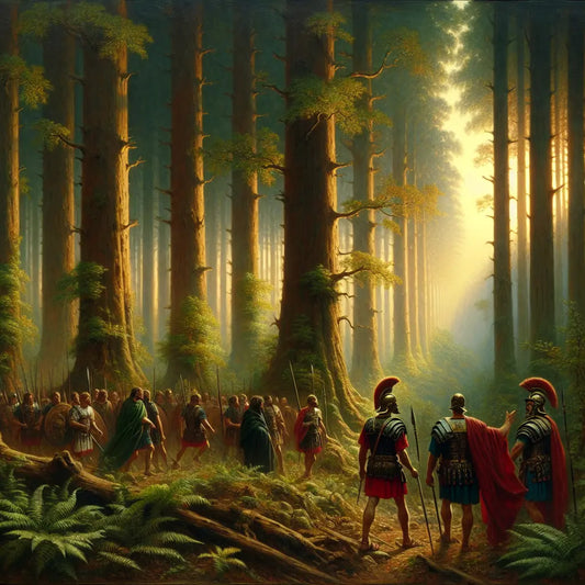 Roman legionaries cautiously traversing a dense, ancient Teutoburg Forest bathed in soft morning light, evoking a mysterious and historic atmosphere.