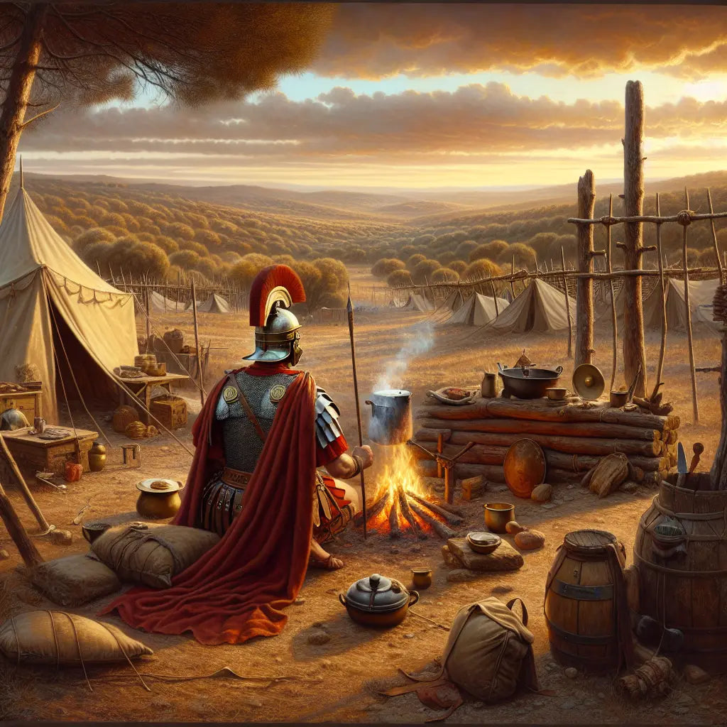 A Roman legionary soldier in full armor sets a campfire in an ancient military camp at sunset across a Mediterranean landscape, styled like a classic 1960s historical film painting.