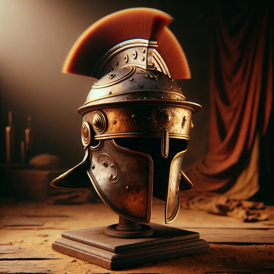 Close-up of a traditional Roman legionary helmet on a wooden stand with warm natural light highlighting its steel texture and flared rim, in the style of classic 1960s historical epics.