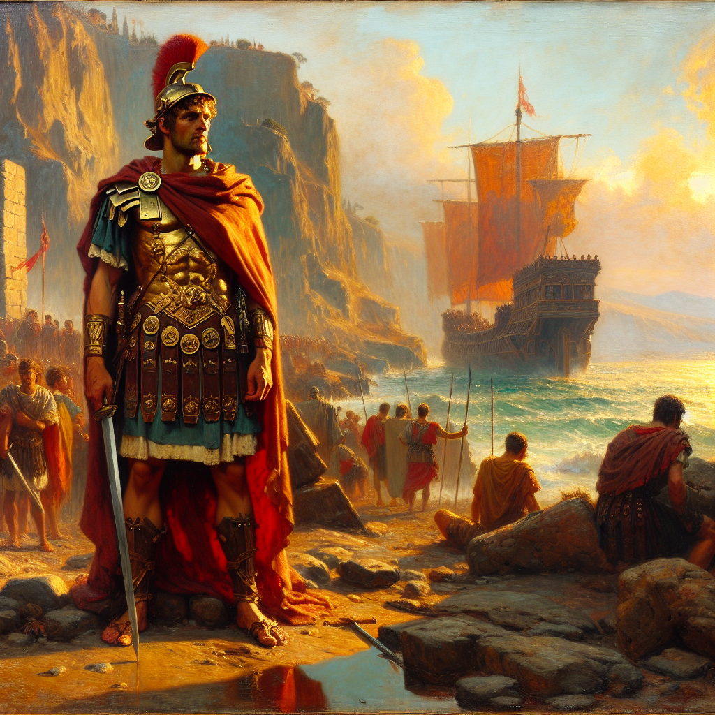 A rugged Roman legionary stands on a rocky shore near a Roman longship under a golden sky, in a painterly style resembling 1960s historical epics.