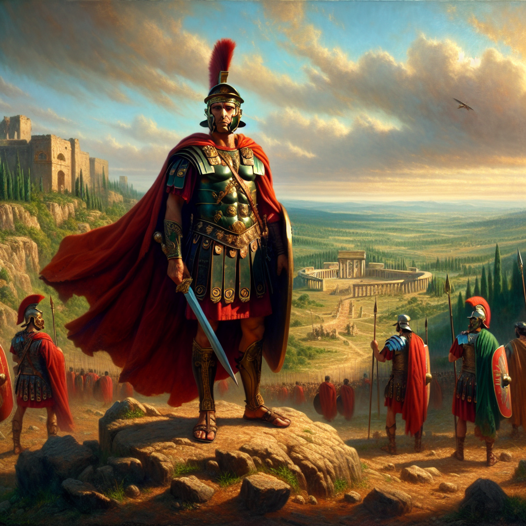 A Roman legionary officer in lorica segmentata armor stands on a hilltop overlooking Roman fortifications in Britannia, surrounded by legionaries preparing for patrol, captured in the style of epic 1960s Roman historical films.