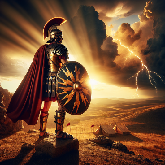 Ancient Roman legionary in full armor holding a scutum shield decorated with lightning bolts against a dramatic sunset sky, symbolizing resilience and Stoic wisdom.