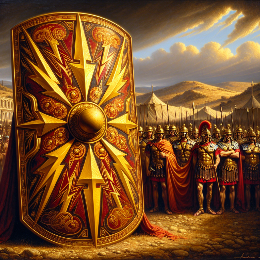 A Roman legionary scutum shield decorated with lightning bolt motifs held by soldiers in lorica segmentata armor, set against a bright Roman military camp backdrop.