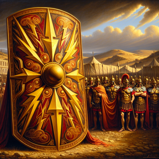 A Roman legionary scutum shield decorated with lightning bolt motifs held by soldiers in lorica segmentata armor, set against a bright Roman military camp backdrop.
