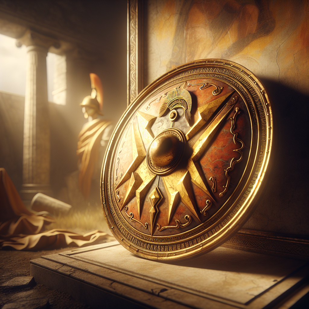 Close-up of a Roman legionary shield enamel pin featuring detailed lightning bolt motifs against a textured ancient Roman background symbolizing strength and wisdom.