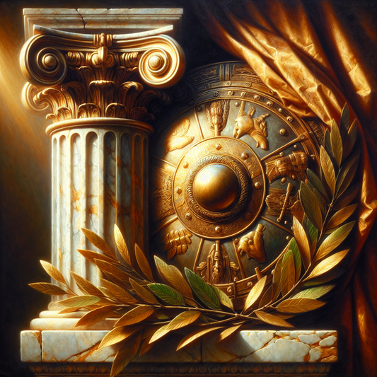 Close-up of a Roman legionary shield and laurel wreath resting against a marble column, symbolizing Caesar Octavius and Roman imperial power.