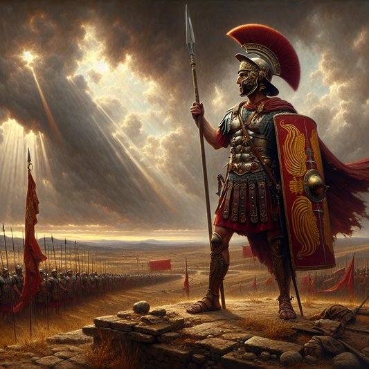 A Roman legionnaire in full lorica segmentata armor stands firmly on an ancient battlefield under a dramatic sky with fluttering Roman standards in the background.