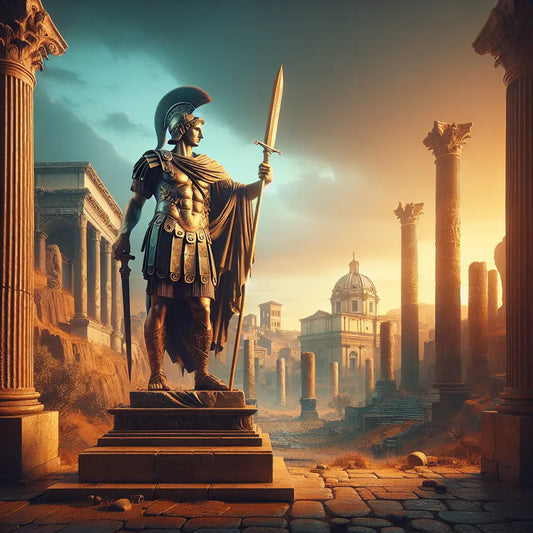 A majestic Roman legionnaire statue holding a gladius sword with ancient Roman architecture and columns in the background, bathed in golden daylight in a realistic 1960s epic painting style.