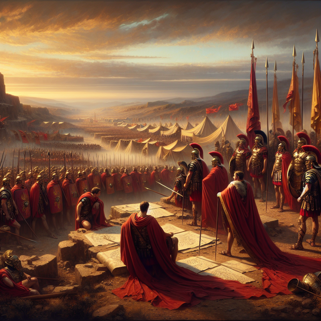 Roman legions in manipular formation at dawn with Julius Caesar and Scipio Africanus strategizing, under waving Roman banners, in a cinematic ancient battlefield scene.