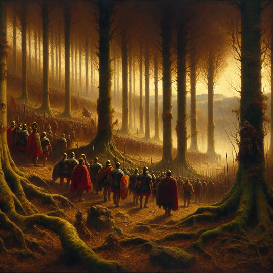 Roman legionaries march cautiously through dark, dense ancient forest while shadowy Germanic warriors prepare an ambush in the background, evoking the tense atmosphere of the Battle of Teutoburg Forest in a 1960s historical epic painting style.