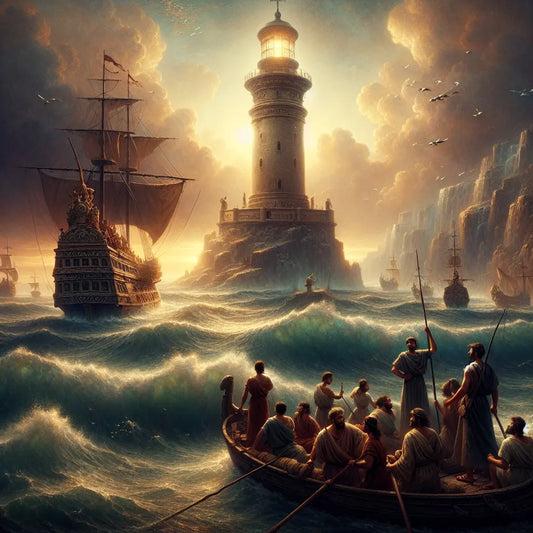 A Roman lighthouse guiding ships through a storm, symbolizing wisdom through chaos.
