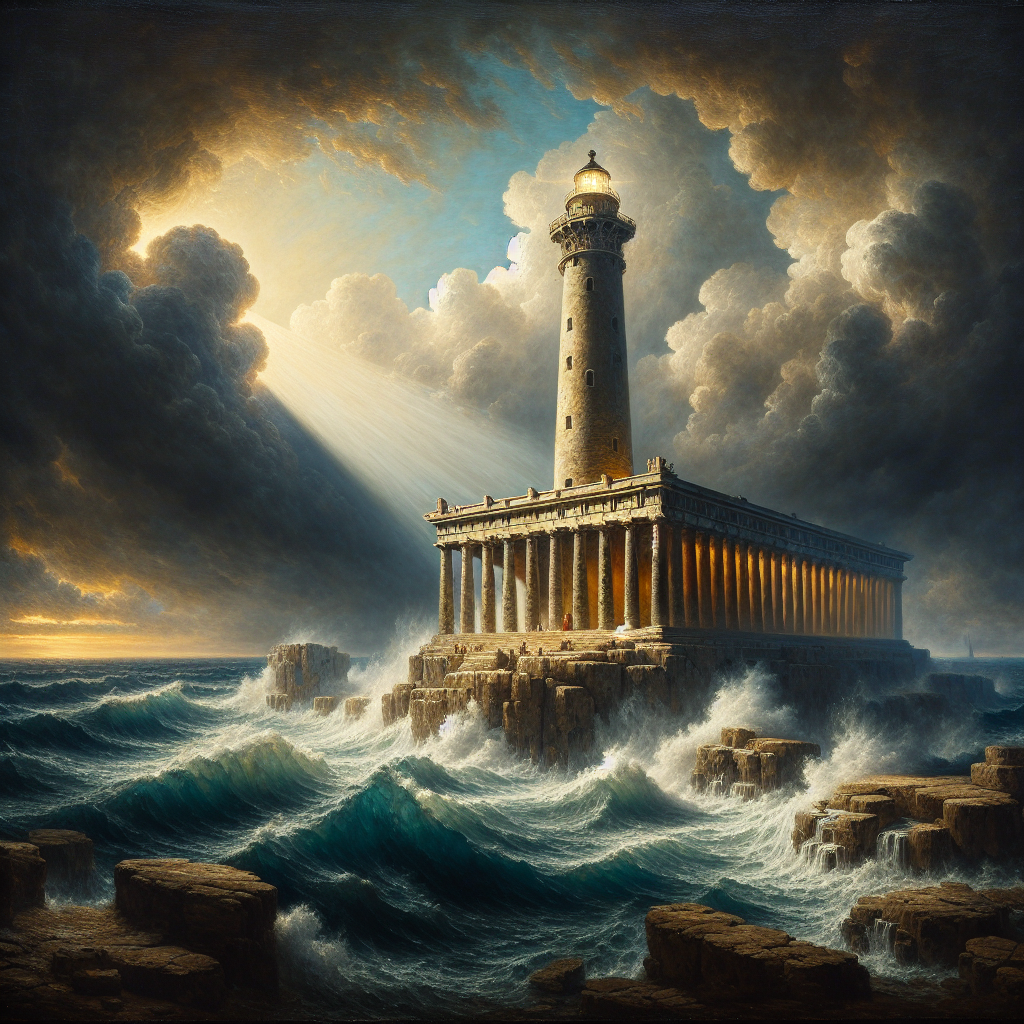 A classical Roman lighthouse shines steadily on a rocky coast amid a stormy sea under dark clouds, symbolizing calm Stoic happiness during chaos, in a cinematic 1960s epic painting style.