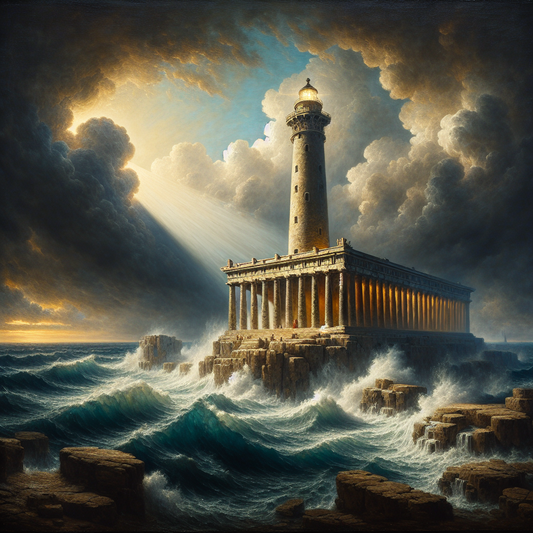A classical Roman lighthouse shines steadily on a rocky coast amid a stormy sea under dark clouds, symbolizing calm Stoic happiness during chaos, in a cinematic 1960s epic painting style.