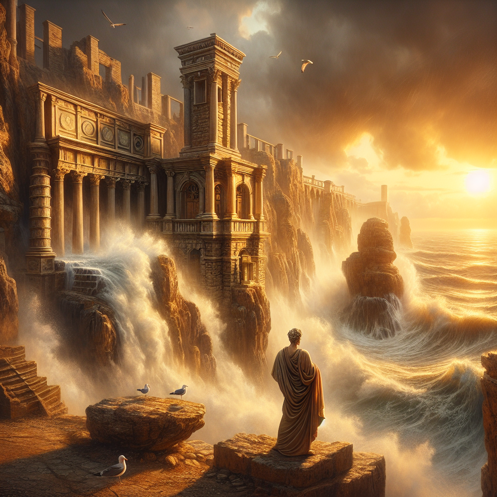 Roman-style lighthouse standing firm on a rocky coast at sunset with stormy waves crashing, featuring a philosopher in a toga symbolizing Stoic steadfastness and clarity.