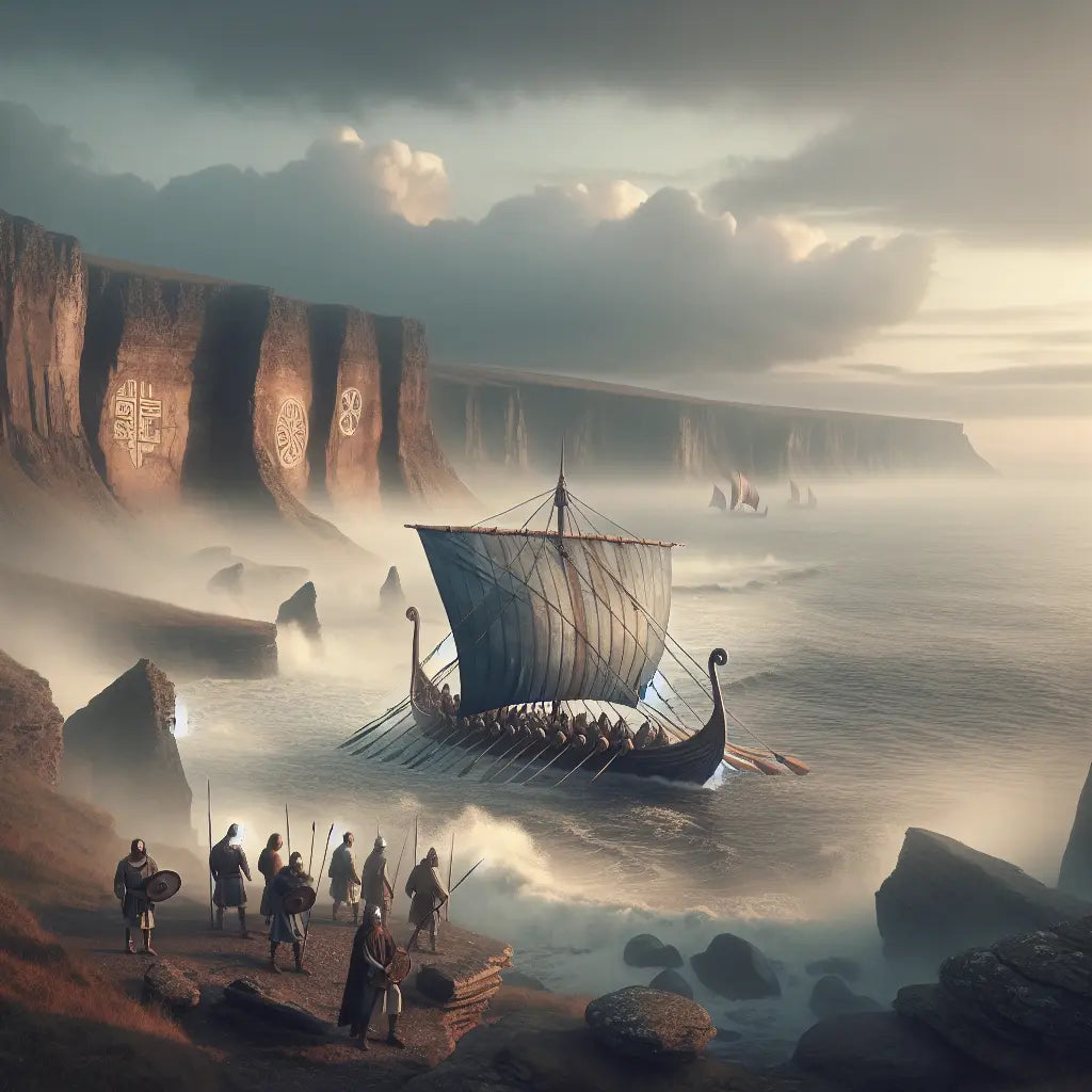 Roman-style longship sailing through misty northern seas at dawn with glowing ancient runic carvings on rugged cliffs, capturing a spirit of exploration in a cinematic historical epic style.