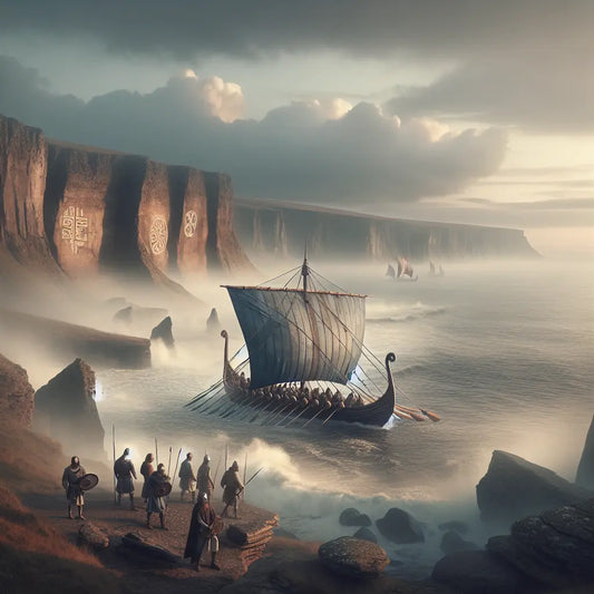 Roman-style longship sailing through misty northern seas at dawn with glowing ancient runic carvings on rugged cliffs, capturing a spirit of exploration in a cinematic historical epic style.