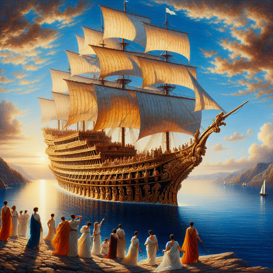 A Roman luxury cruise ship sailing peacefully on calm blue Mediterranean waters under a clear sky, with a serene, elegant adult-only atmosphere inspired by 1960s historical epics.