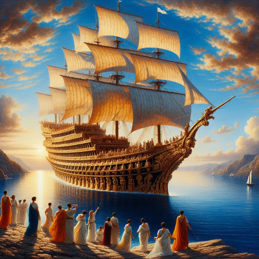 A Roman luxury cruise ship sailing peacefully on calm blue Mediterranean waters under a clear sky, with a serene, elegant adult-only atmosphere inspired by 1960s historical epics.