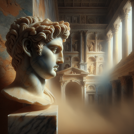 Close-up of a realistic Roman marble bust showing detailed facial wrinkles and expression with blurred ancient Roman columns in the background, painted in a 1960s cinematic epic style.