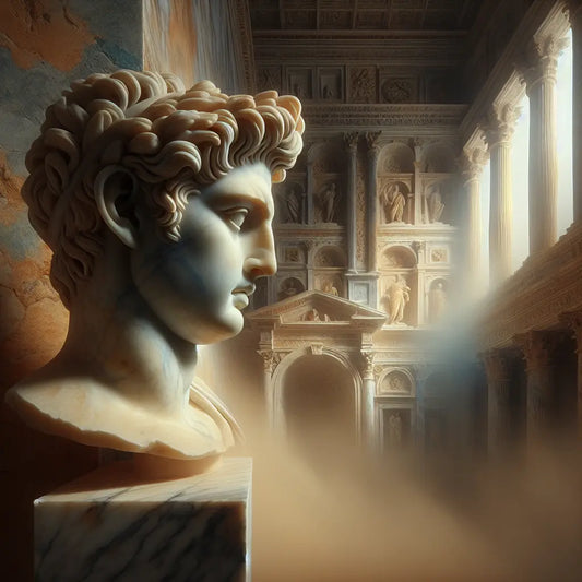 Close-up of a realistic Roman marble bust showing detailed facial wrinkles and expression with blurred ancient Roman columns in the background, painted in a 1960s cinematic epic style.