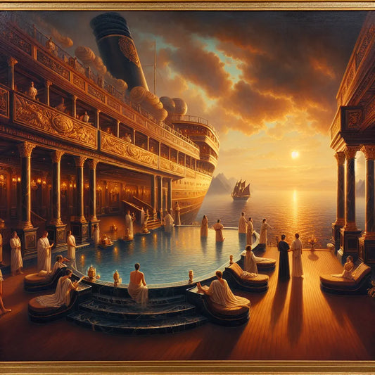 Luxurious Roman-style cruise ship infinity pool at sunset with guests lounging, panoramic ocean views, and warm golden light, painted in a cinematic 1960s Roman historical epic style.