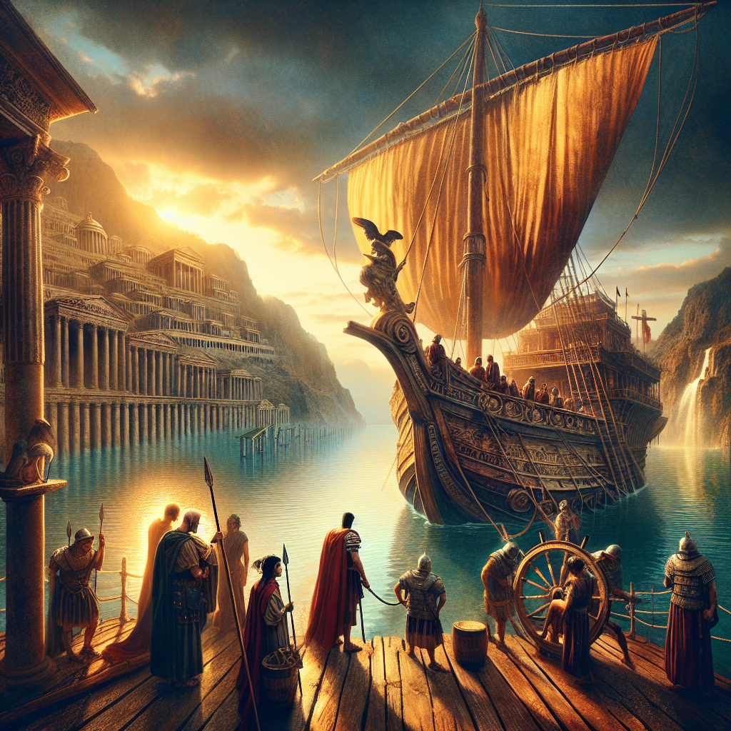 A majestic Roman-inspired ship sails serenely on calm Mediterranean waters under a warm sunset sky, with Roman sailors aboard, captured in the style of 1960s historical epic paintings.