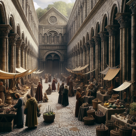 A bustling marketplace and abbey scene blending ancient Roman and medieval figures in historically accurate tunics amidst stone architecture and warm daylight, painted in the style of 1960s historical epics.