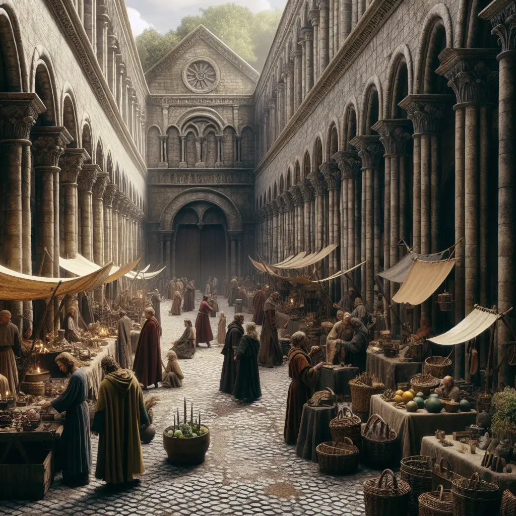 A bustling marketplace and abbey scene blending ancient Roman and medieval figures in historically accurate tunics amidst stone architecture and warm daylight, painted in the style of 1960s historical epics.