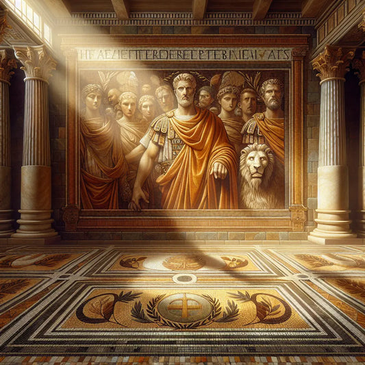 Roman mosaic featuring detailed portraits of Germanicus Julius Caesar and Gaius Julius Caesar surrounded by laurel wreaths, imperial insignia, and ancient scrolls in rich historical colors.