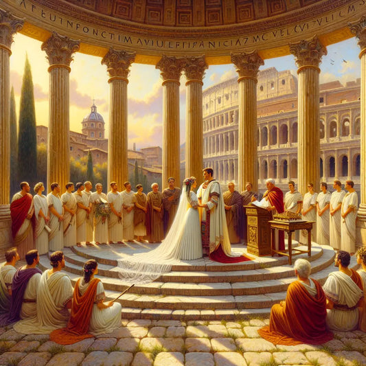 Roman noble couple during a traditional marriage ceremony in a villa courtyard with the Colosseum visible in the distance, styled as a 1960s historical epic painting.