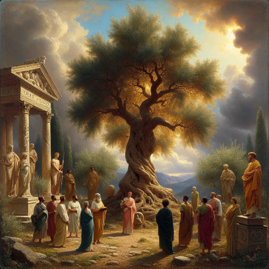 A tall oak tree stands resilient amidst a gentle storm in an ancient Roman garden, surrounded by toga-clad citizens and subtle Christian symbols, painted in a warm and serene cinematic style.