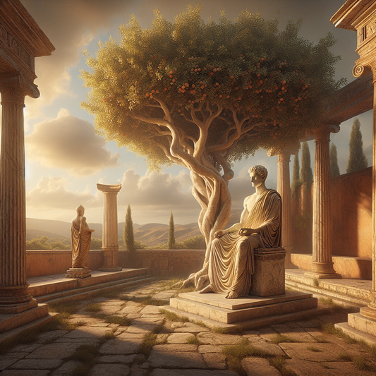 A serene cinematic painting showing a thoughtful Roman philosopher statue beside a peaceful Buddha statue under a Bodhi tree, symbolizing the connection between Stoicism and Buddhism in warm daylight.