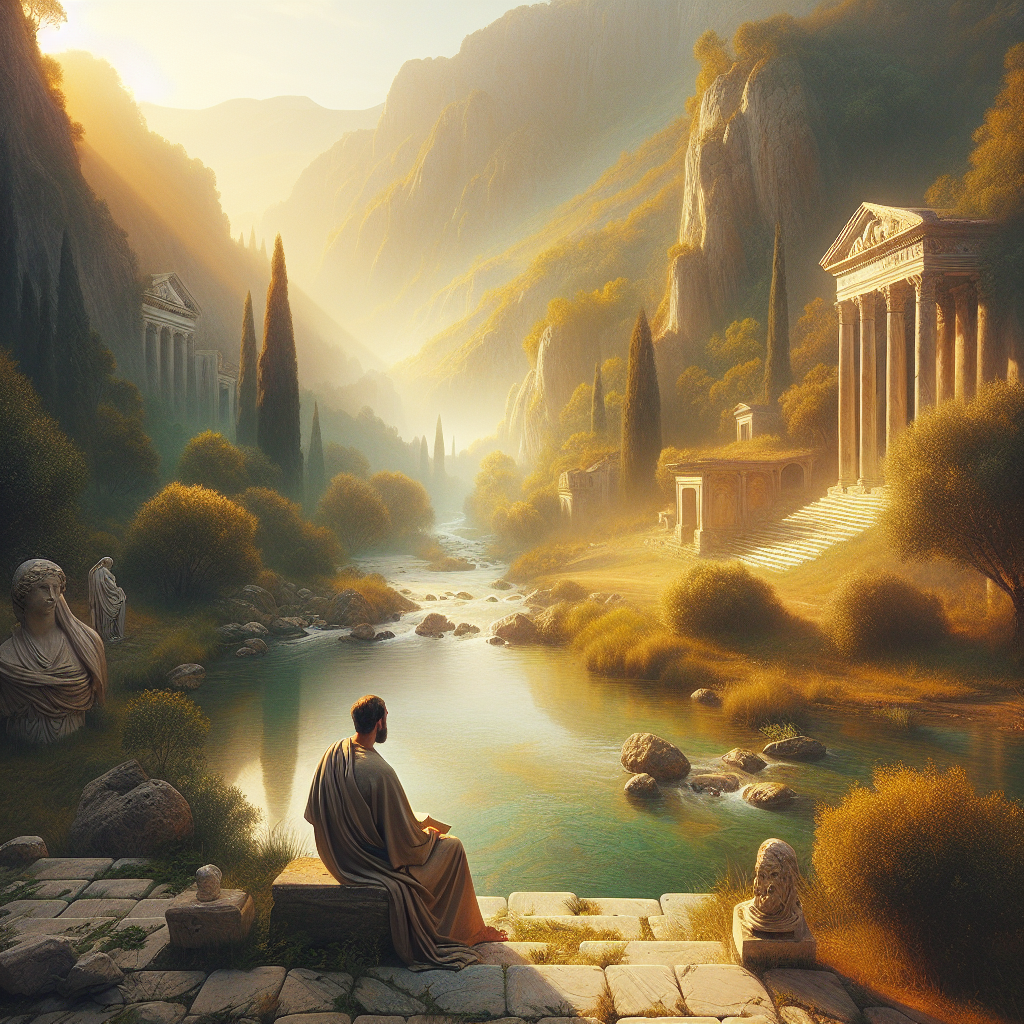A Roman philosopher in a simple toga sits thoughtfully by a calm river surrounded by gentle hills and Roman ruins, bathed in warm, soft daylight.