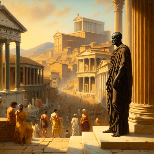 Serene philosopher stands amidst a bustling Roman forum, exuding calm and wisdom, inspired by 1960s historical film style.