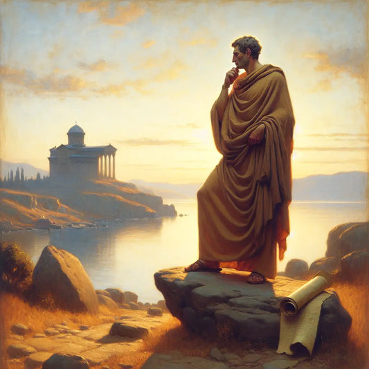 Ancient Roman philosopher in a toga standing on a rocky coast at dawn, gazing thoughtfully at the sea with subtle symbols of stoic virtues like a scroll and bronze shield nearby, painted in a 1960s historical epic style.