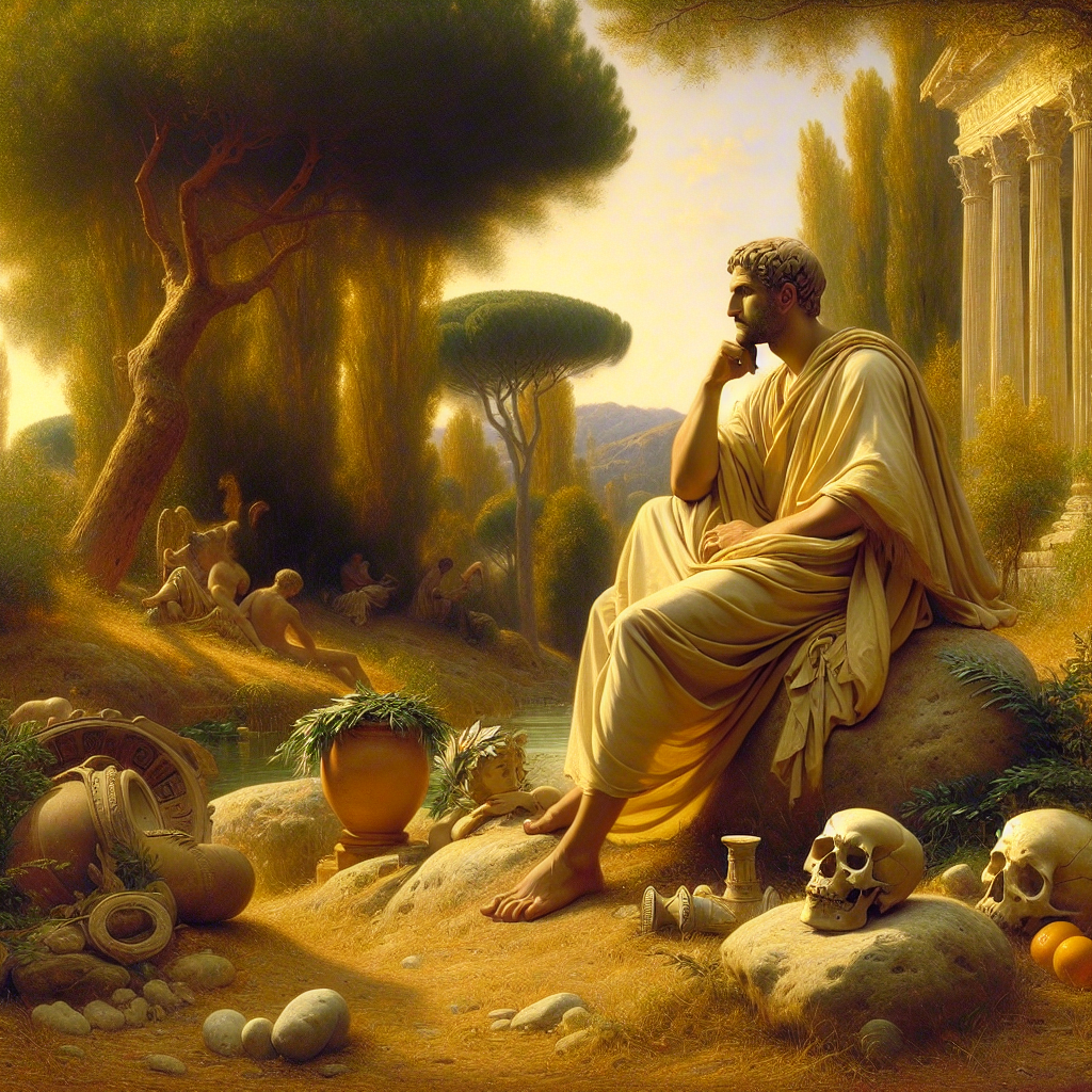 Roman philosopher in serene garden setting thoughtfully contemplating mortality surrounded by laurel wreath and skull, rendered in 1960s cinematic historical style.