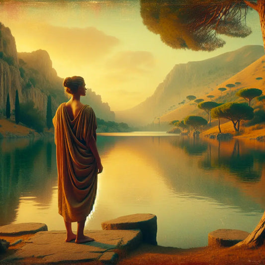 Roman philosopher reflecting by a serene lake, in the style of classic 1960s historical epics.