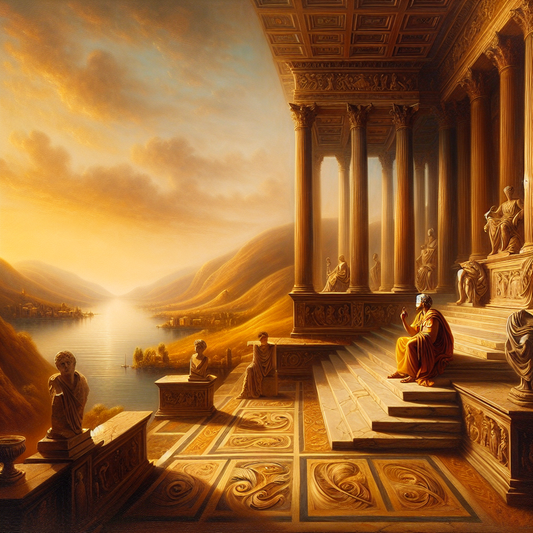A Roman philosopher stands on temple steps under a golden sky, representing a serene journey of love and wisdom in the style of 1960s historical films.